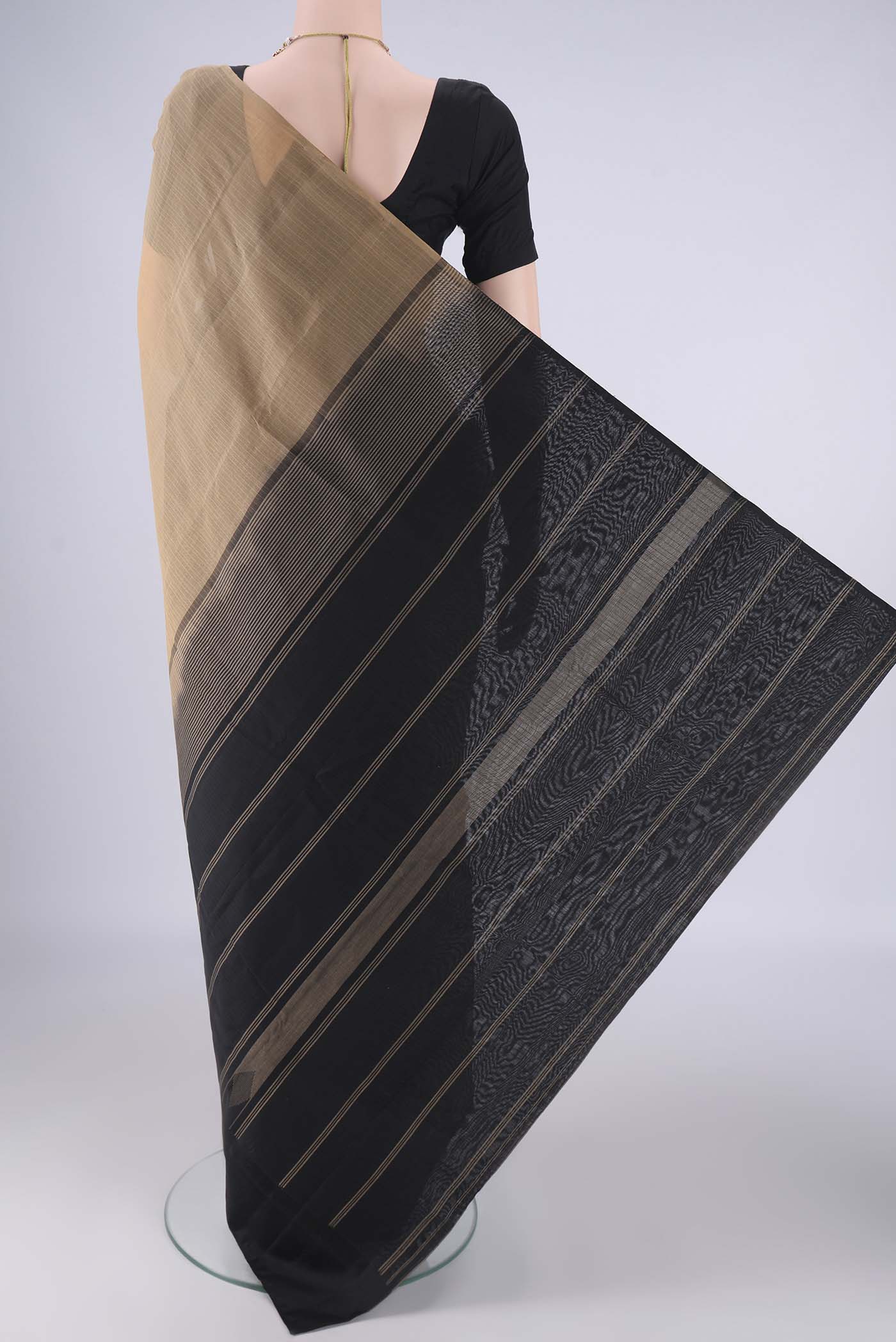 Flat view of Dark Beige Kanchi Cotton Saree with Plain Body and Temple Border. 