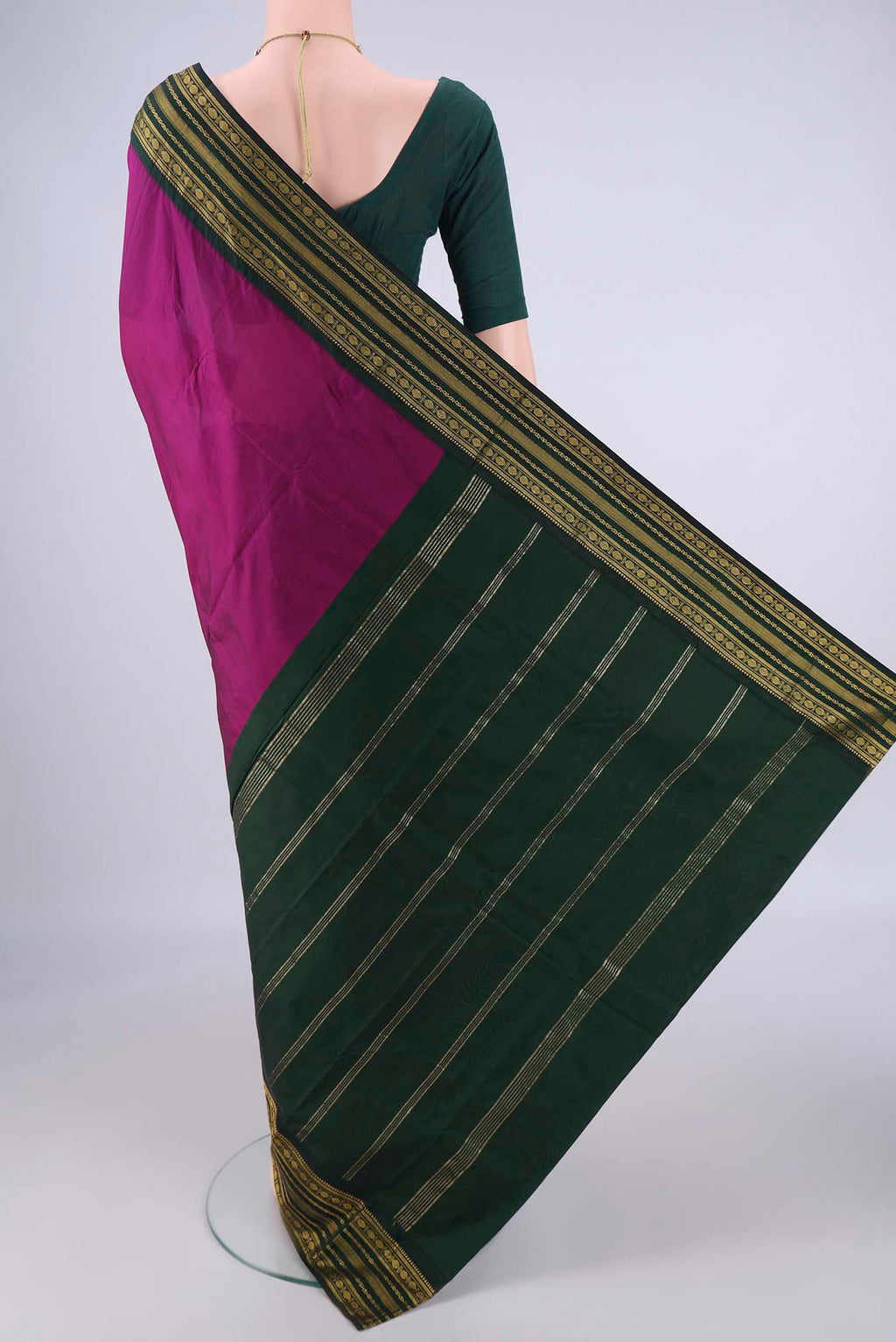 Flat view of Magenta Blended Bangalore Silk Saree with Plain Body and Zari Border. 