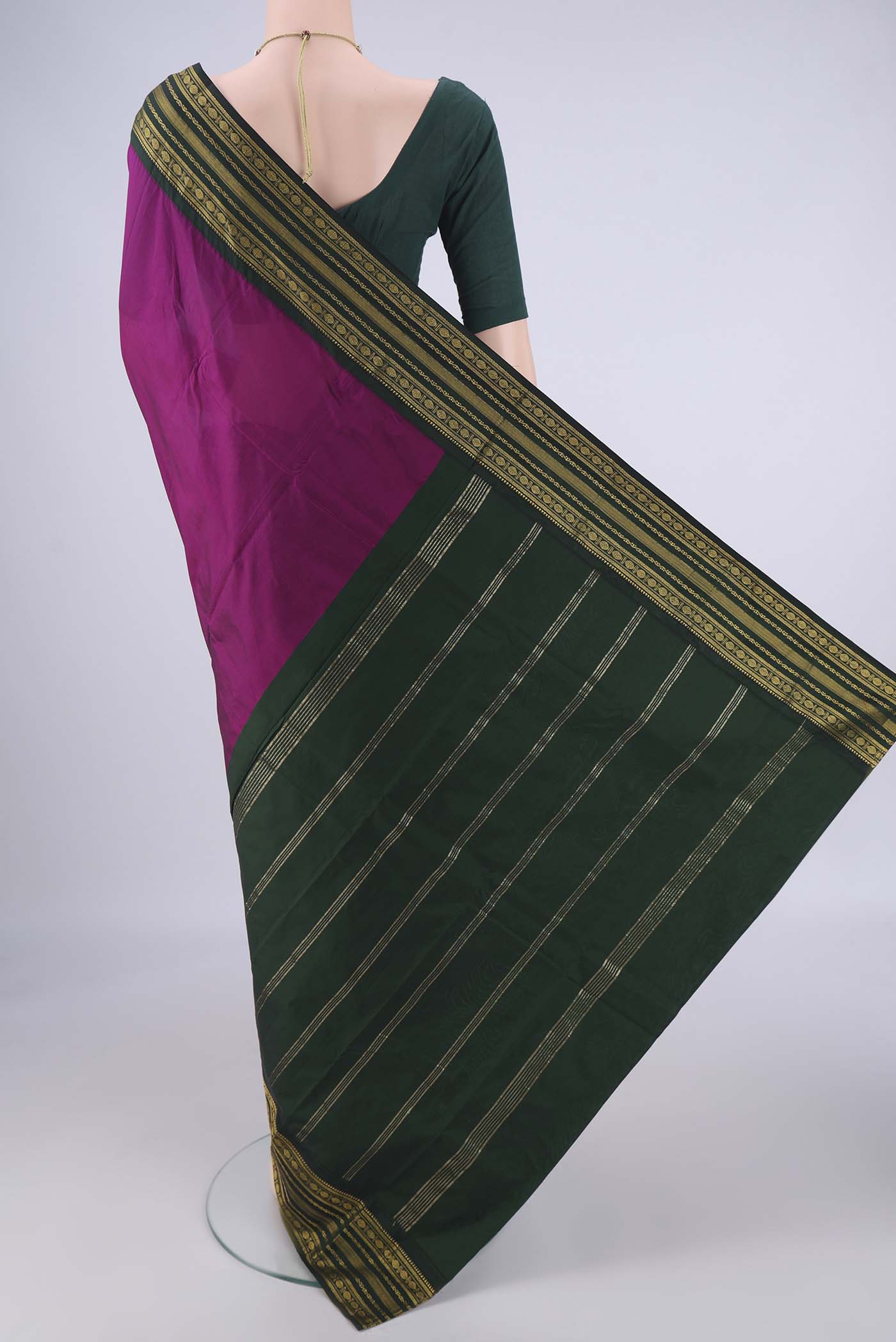 Flat view of Magenta Blended Bangalore Silk Saree with Plain Body and Zari Border. 