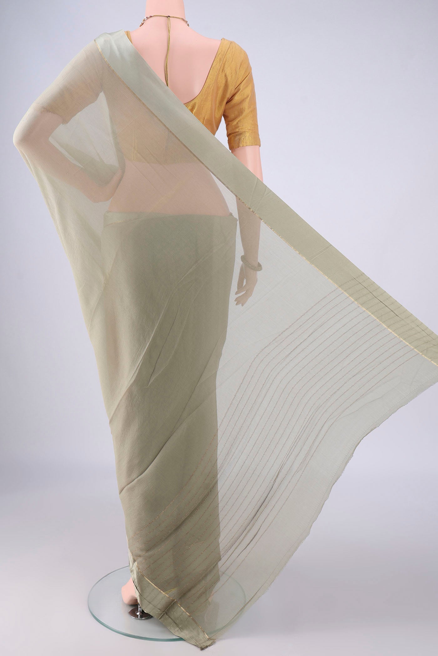 Flat view of Grey Mysore Chiffon Saree with Plain Body and Plain Border. 