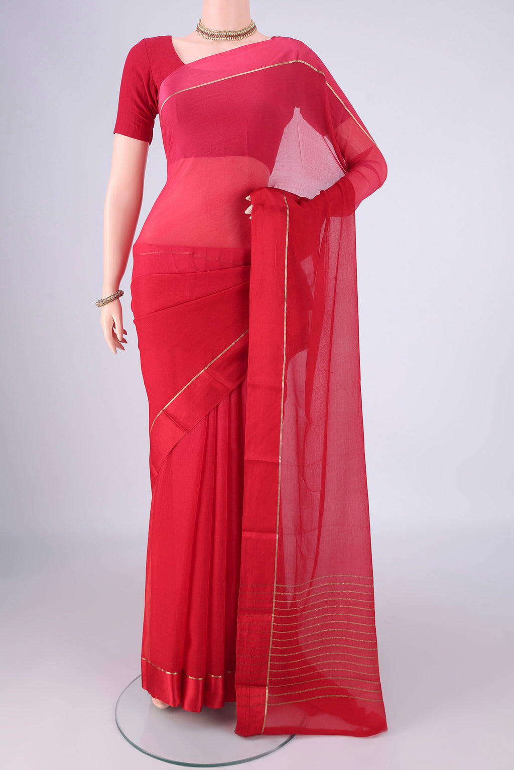 Multi Color Mysore Chiffon Saree with Geometric Print on the body and Plain Border.  displayed on a mannequin