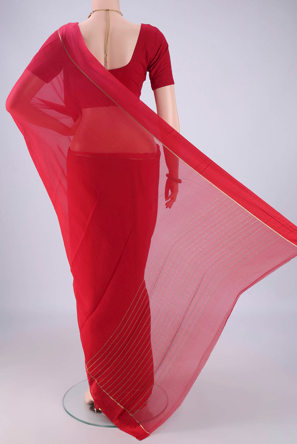 Flat view of Multi Color Mysore Chiffon Saree with Geometric Print on the body and Plain Border. 