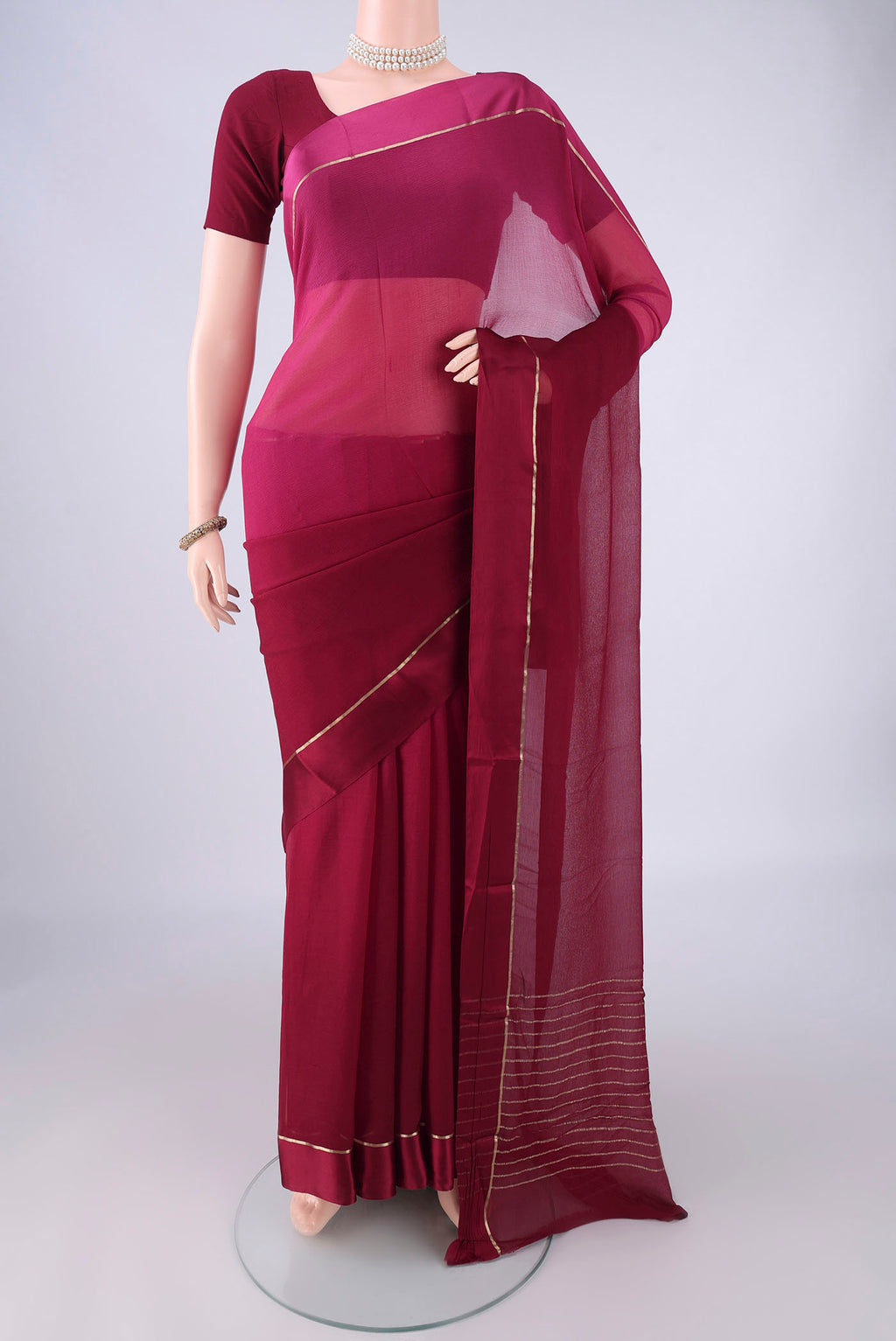 Multi Color Mysore Chiffon Saree with Ombre design on the body and Plain Border.  displayed on a mannequin