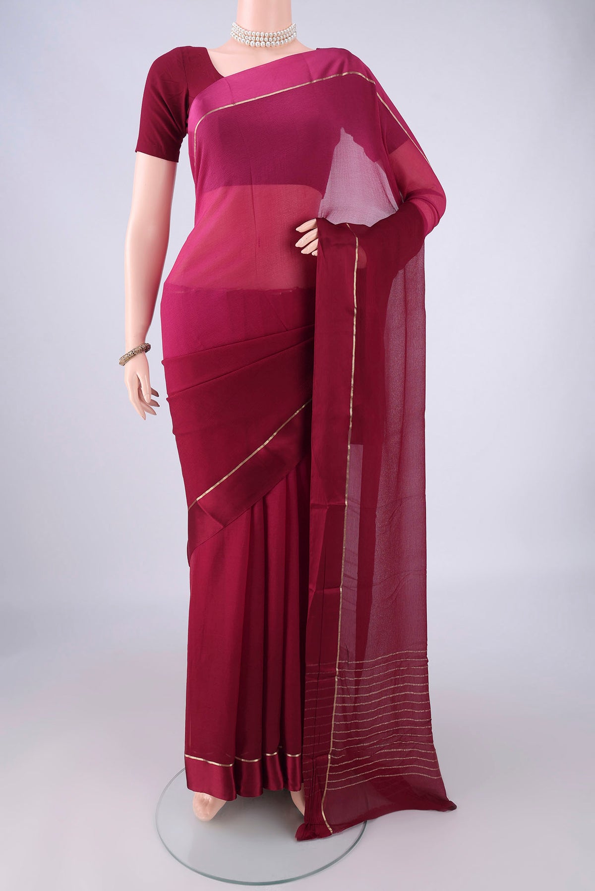 Multi Color Mysore Chiffon Saree with Ombre design on the body and Plain Border.  displayed on a mannequin