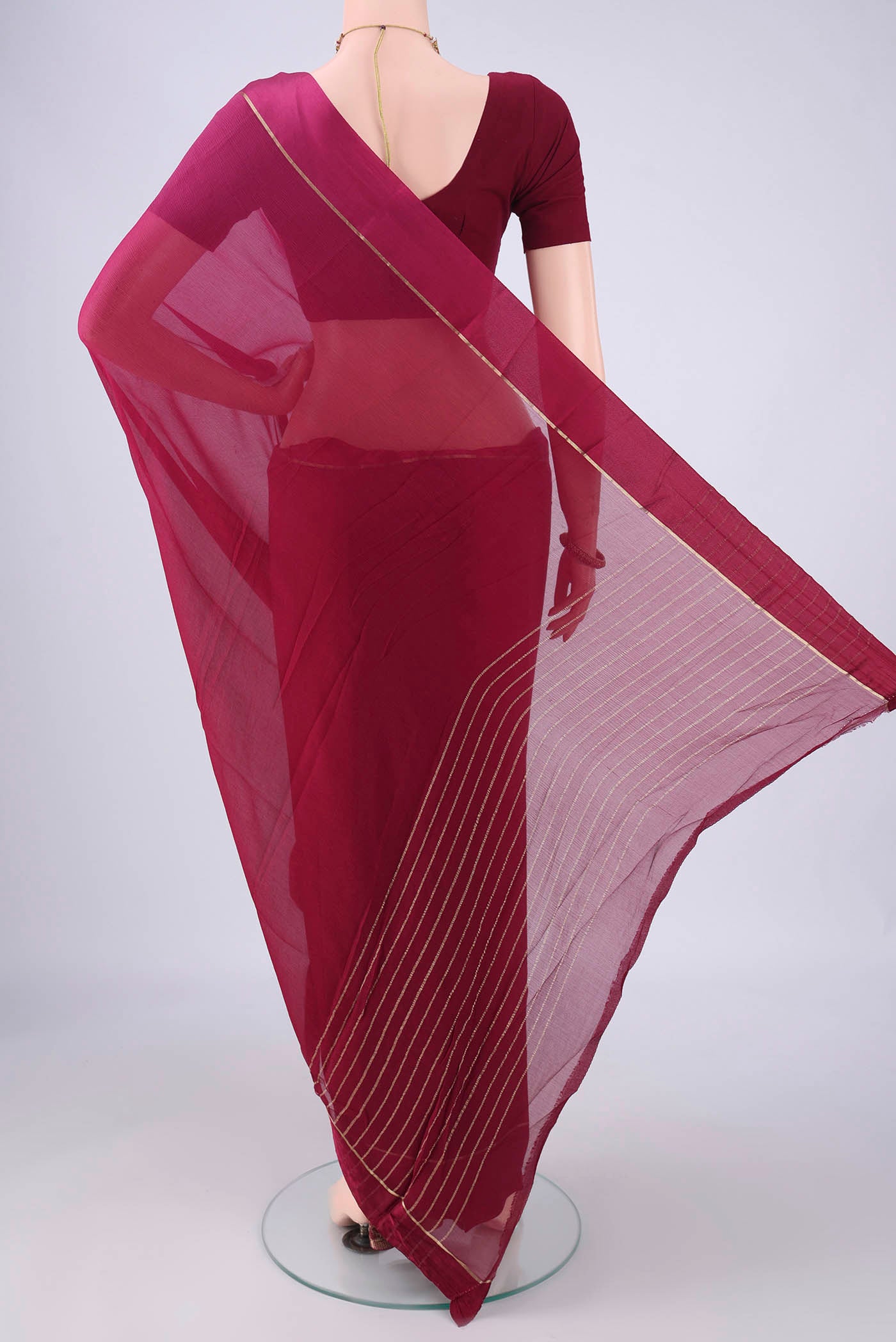 Flat view of Multi Color Mysore Chiffon Saree with Ombre design on the body and Plain Border. 