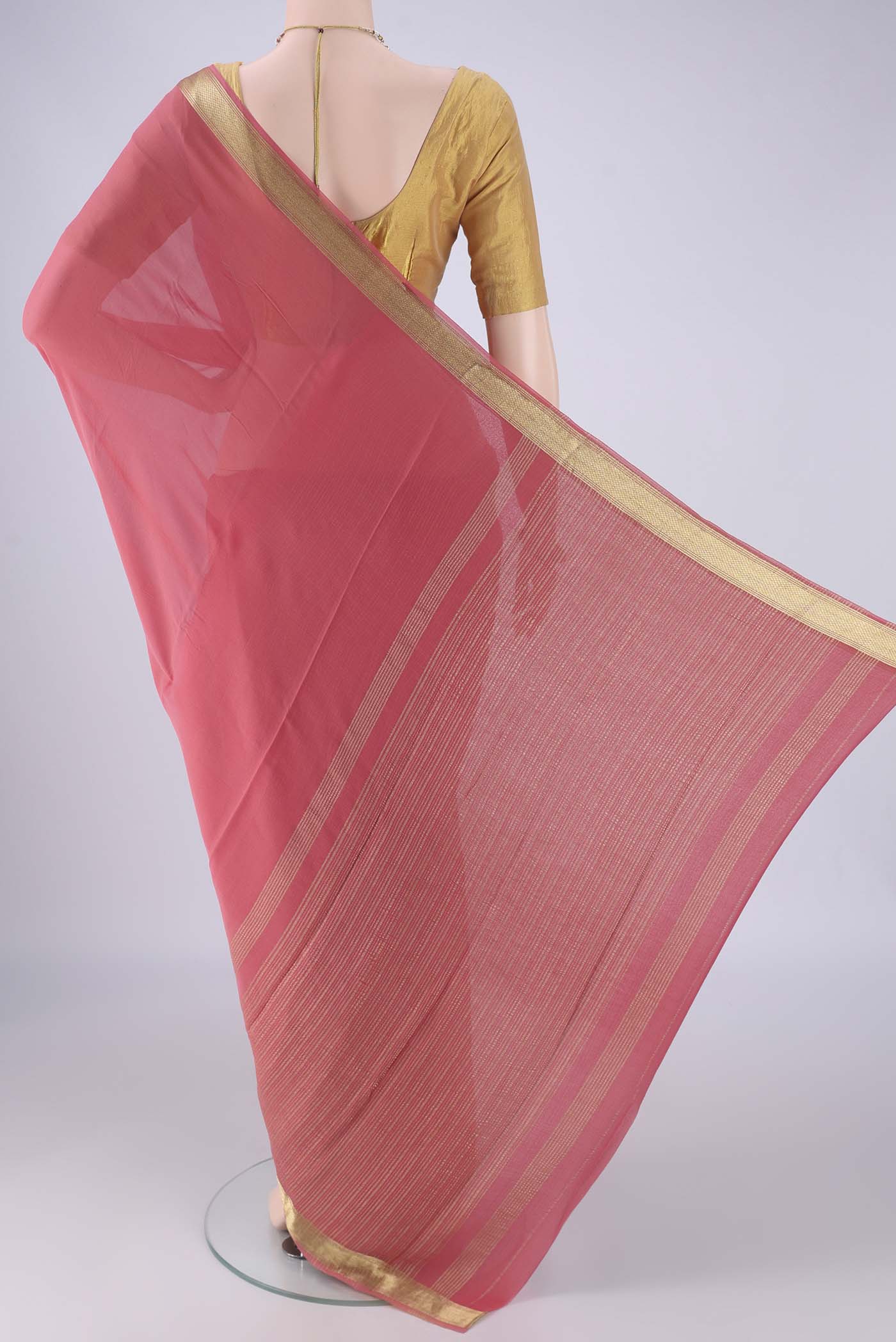 Flat view of Pink Mysore Georgette Saree with Plain Body and Zari Border. 