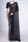 Navy Blue Mysore Crepe Saree with Zari Brocade on the body and Zari Border.  displayed on a mannequin
