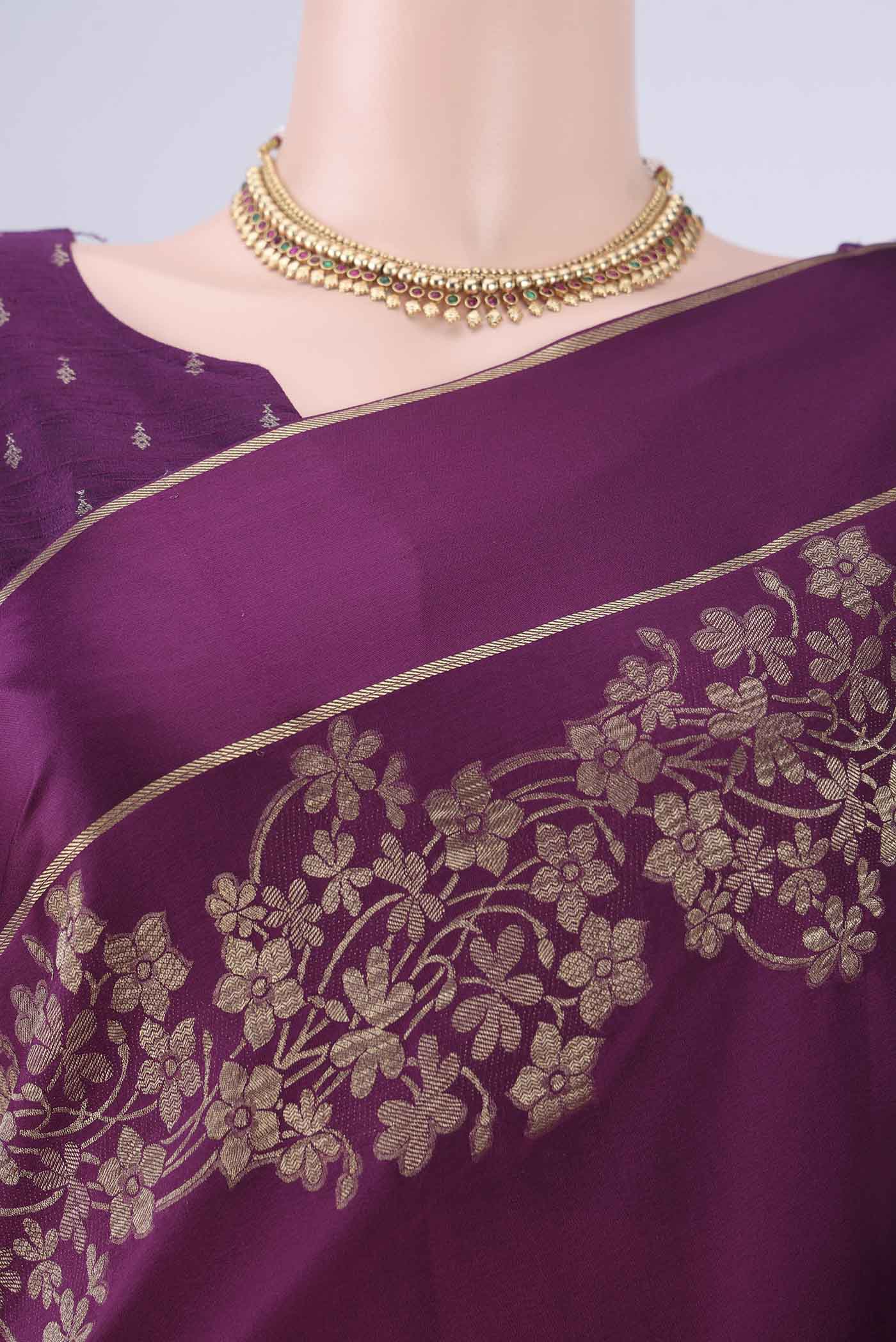 Border image of Purple Mysore Crepe Saree with Plain Body and Zari Border. 