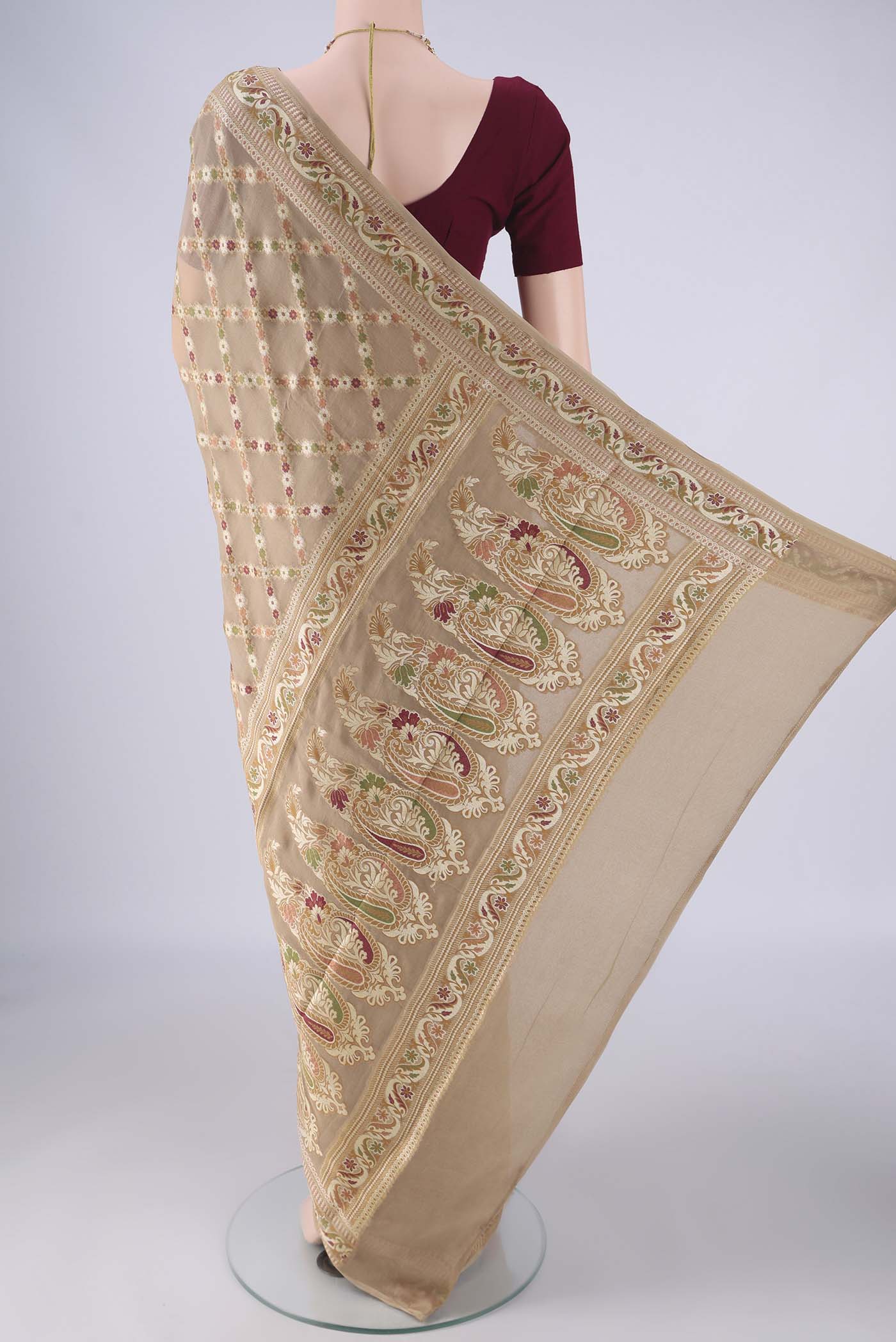 Flat view of Beige Blended Banarasi Georgette Saree with Thread Brocade on the body and Zari And Thread Border. 