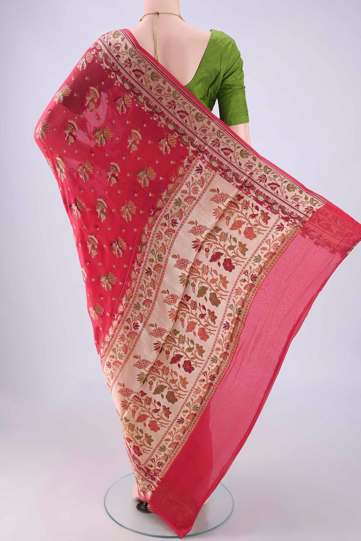 Flat view of Coral Blended Banarasi Georgette Saree with Zari And Thread Butta on the body and Zari And Thread Border. 
