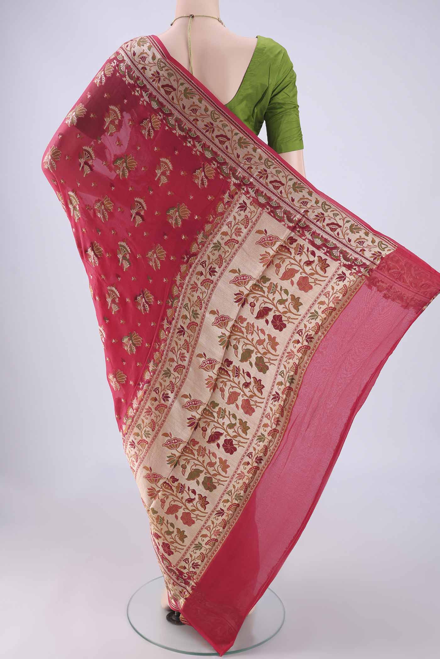 Flat view of Coral Blended Banarasi Georgette Saree with Zari And Thread Butta on the body and Zari And Thread Border. 