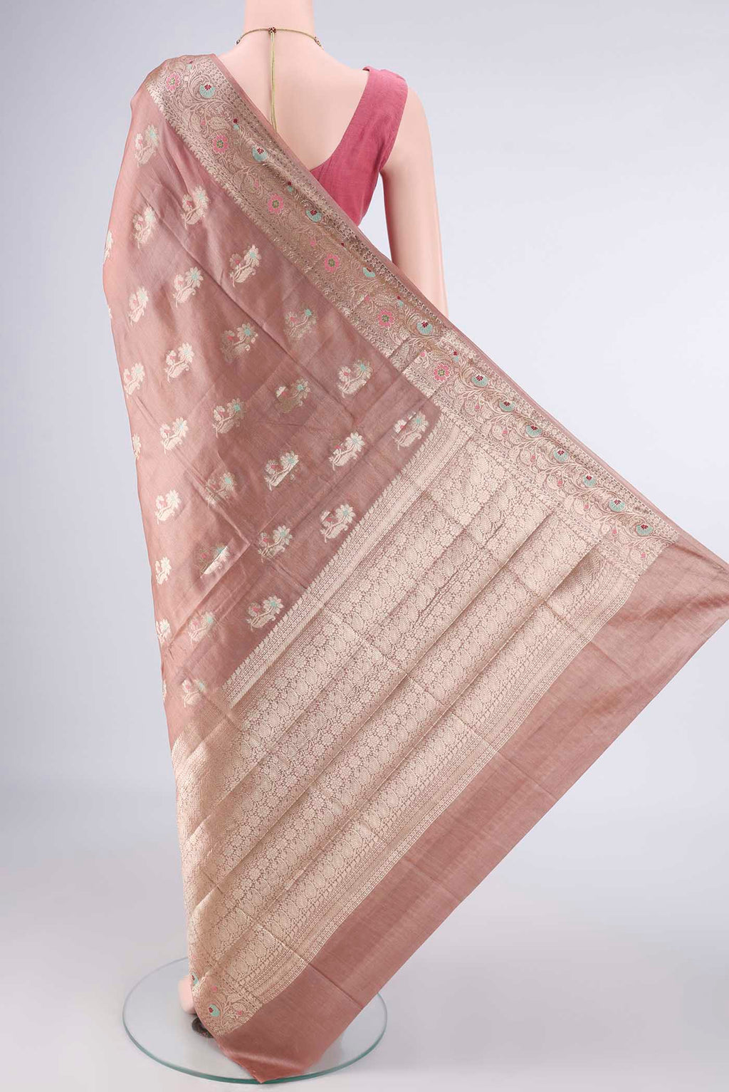 Flat view of Beige Banarasi Tussar Saree with Zari And Thread Butta on the body and Zari And Thread Border. 