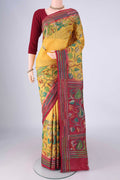 Yellow Tussar Silk Saree with Kantha Work on the body and Thread Border.  displayed on a mannequin