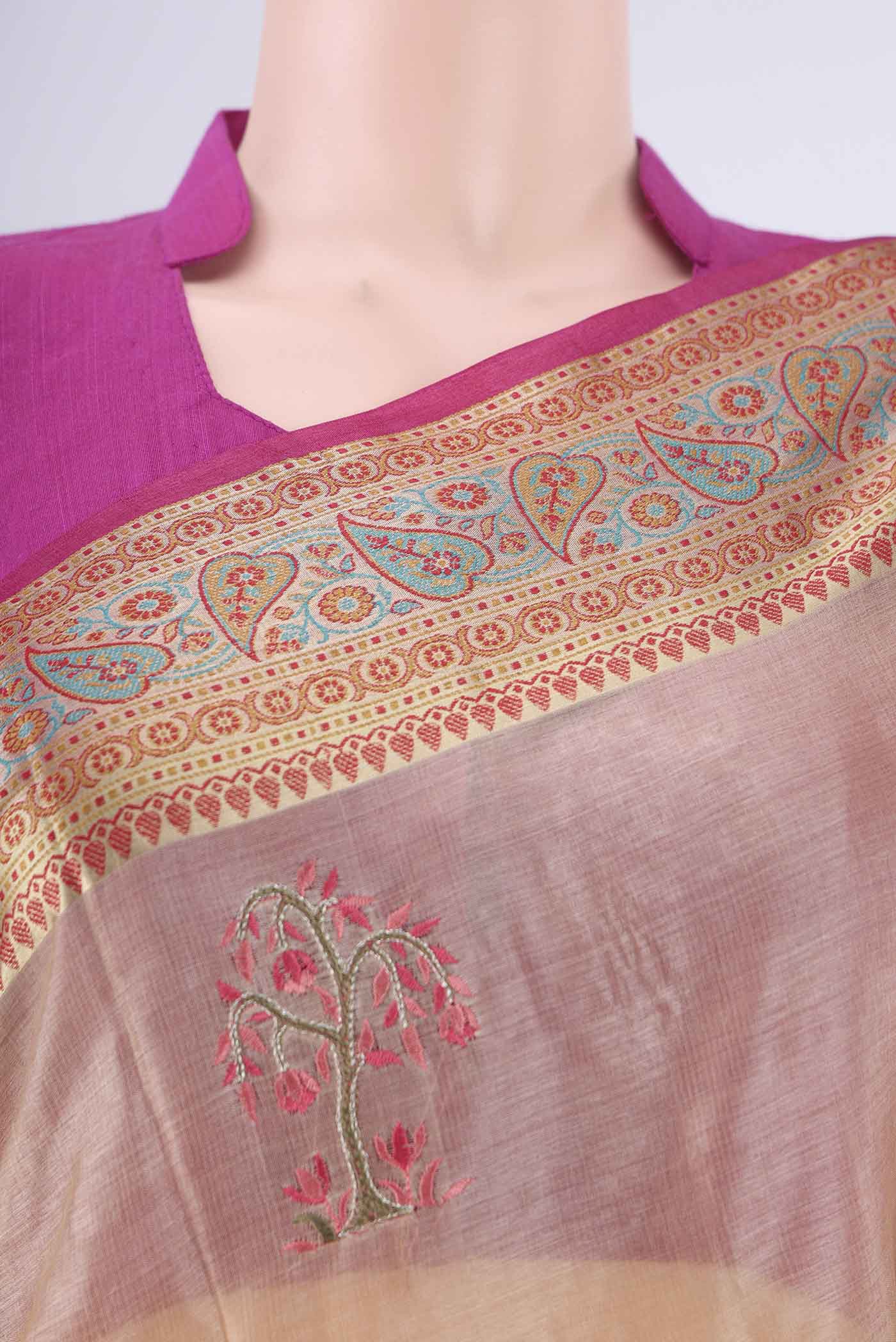 Border image of Beige Banarasi Tussar Silk Saree with Embroidery on the body and Zari Border. 