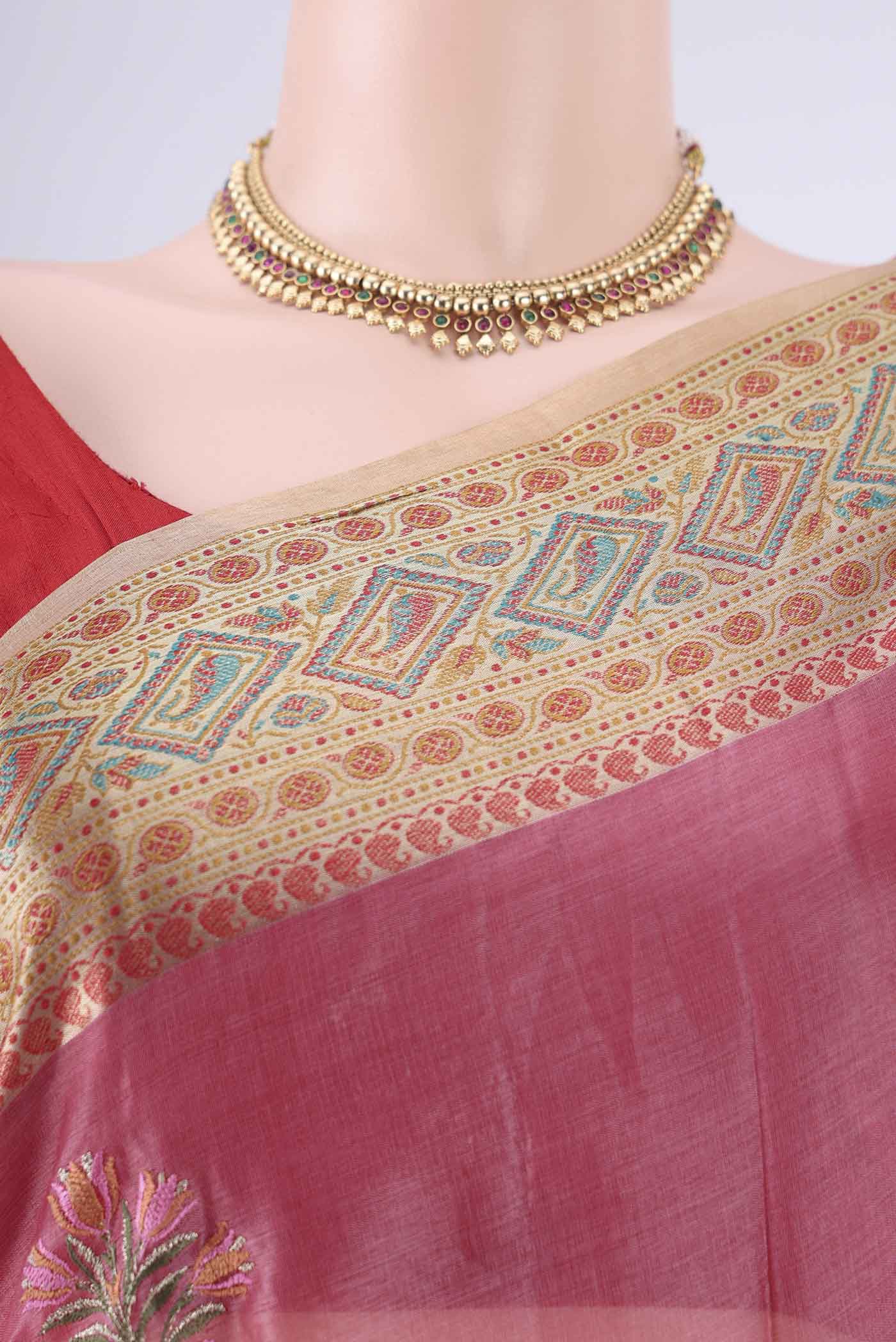 Border image of Pink Banarasi Tussar Silk Saree with Embroidery on the body and Zari Border. 