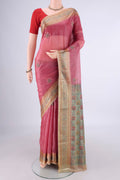 Pink Banarasi Tussar Silk Saree with Embroidery on the body and Zari Border.  displayed on a mannequin