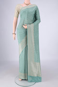 Sky Blue Banarasi Silk Saree with Zari Brocade on the body and Zari Border.  displayed on a mannequin