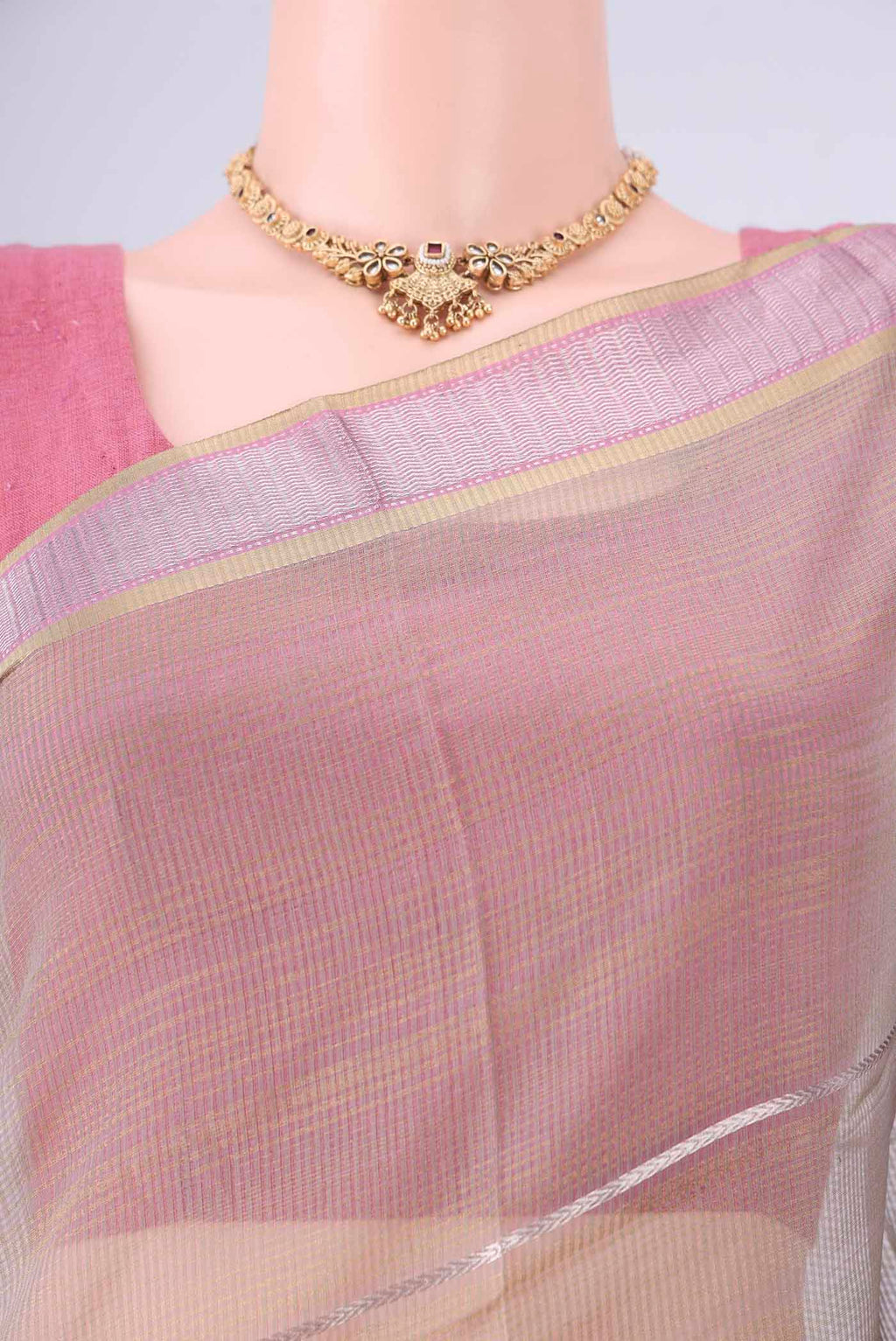 Border image of Davys Grey Maheshwari Silk Cotton Saree with Stripes on the body and Zari Border. 