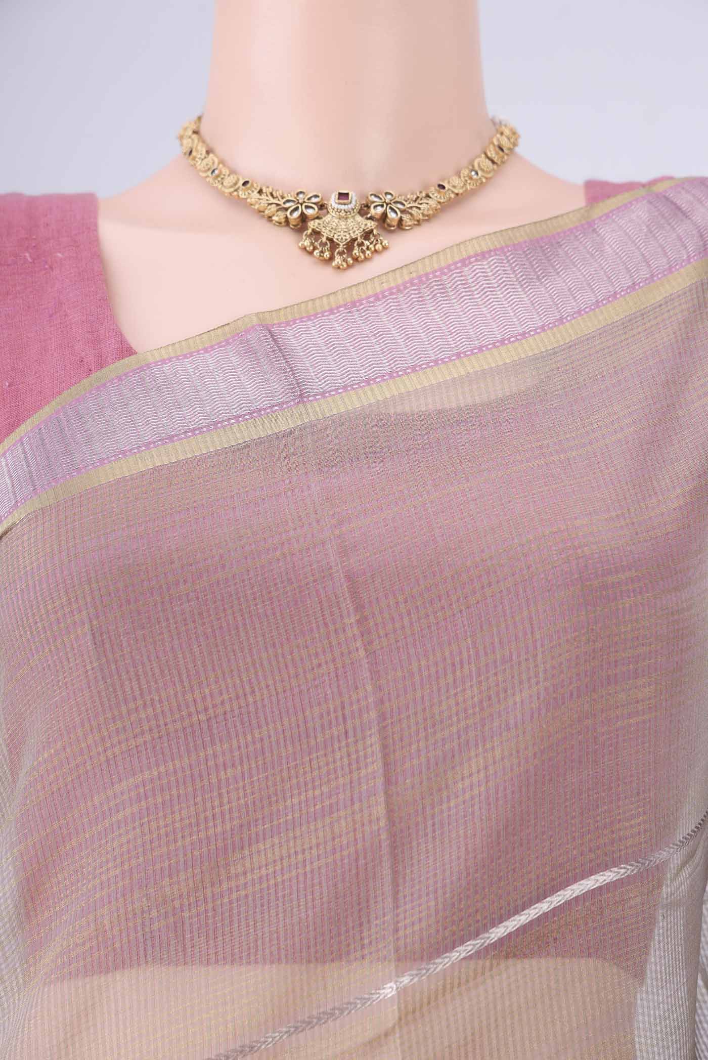 Border image of Davys Grey Maheshwari Silk Cotton Saree with Stripes on the body and Zari Border. 