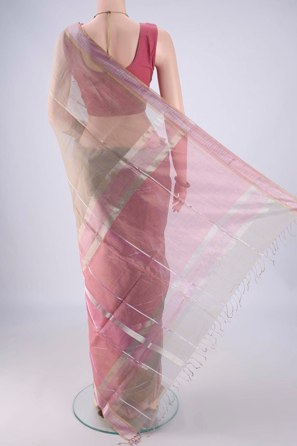 Flat view of Davys Grey Maheshwari Silk Cotton Saree with Stripes on the body and Zari Border. 