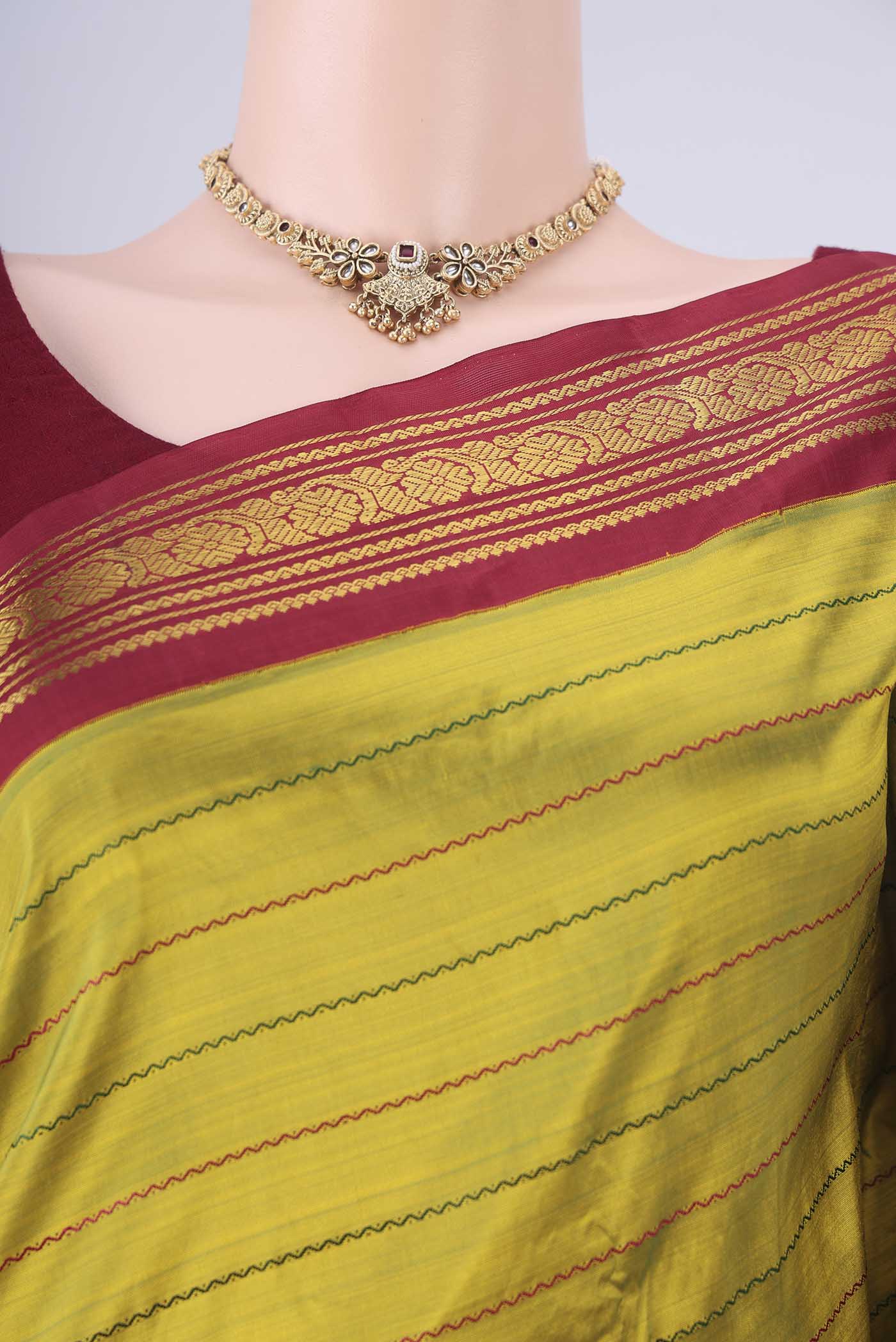 Border image of Green Kanchipuram Silk Saree with Stripes on the body and Zari Border. 