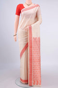 Pure Silk Cream Kanchipuram Saree with Thread Butta on the body and Thread Border.  displayed on a mannequin