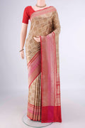 Pure Silk Beige Banarasi Saree with Checked design on the body and Zari Border.  displayed on a mannequin