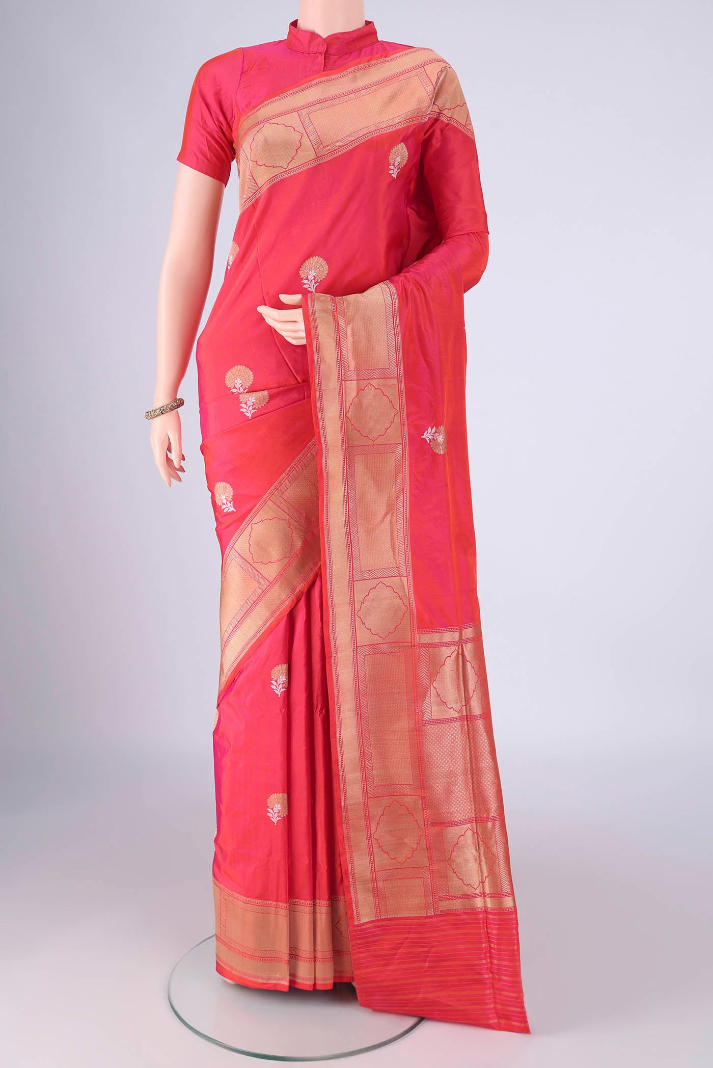 Pink Dual Tone Banarasi Silk Saree with Zari Butta on the body and Zari Border.  displayed on a mannequin
