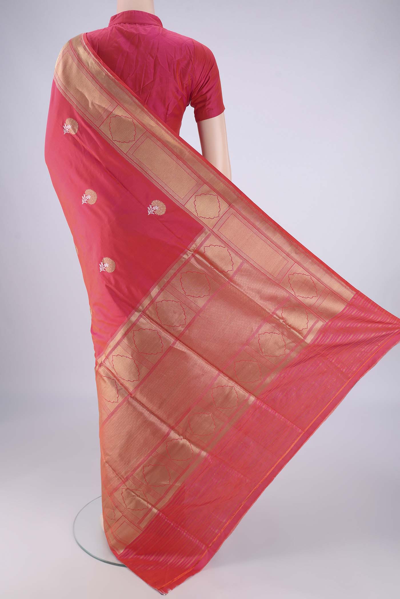 Flat view of Pink Dual Tone Banarasi Silk Saree with Zari Butta on the body and Zari Border. 