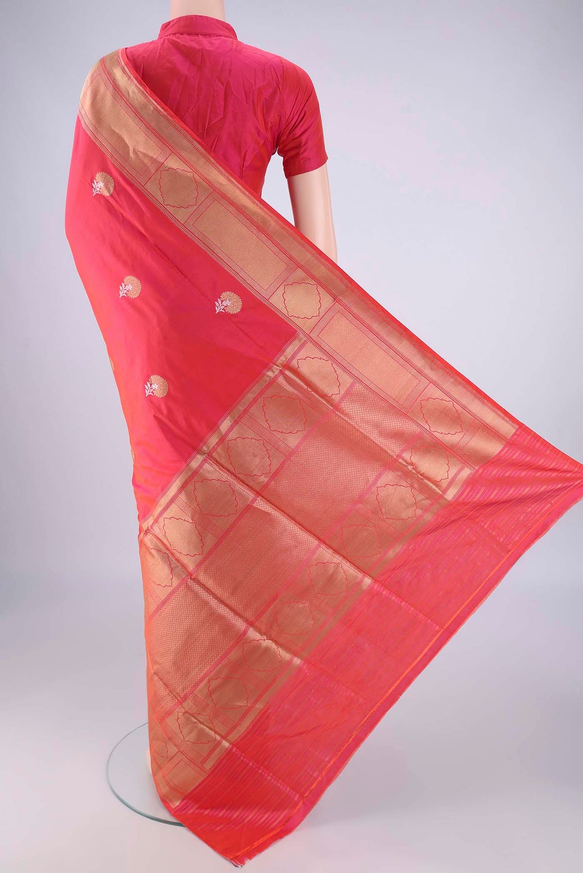 Flat view of Pink Dual Tone Banarasi Silk Saree with Zari Butta on the body and Zari Border. 