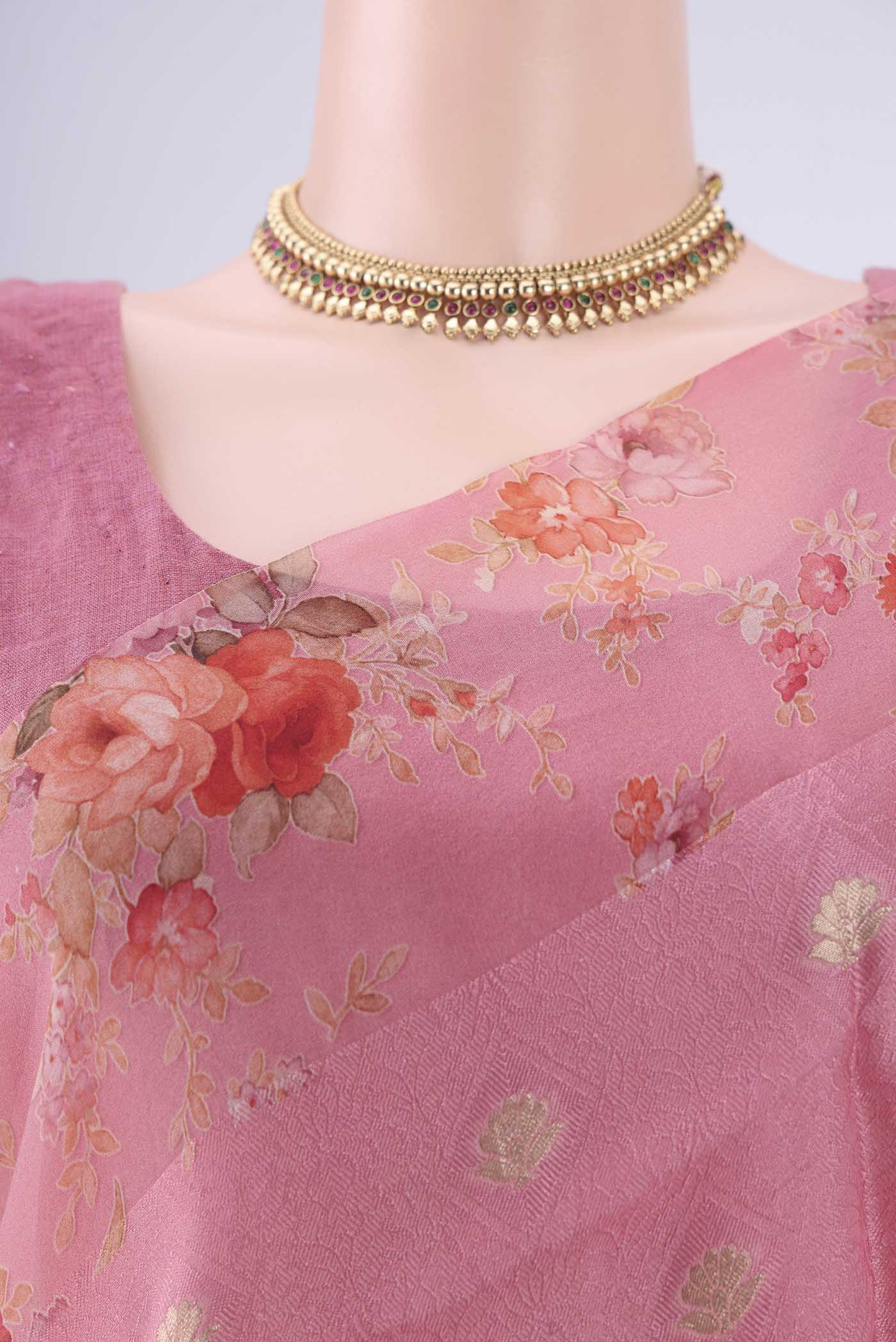 Border image of Rose pink Organza Silk Saree with Jacquard With Zari Butta on the body and Printed Border. 