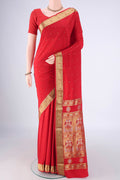 Red Mysore Crepe Saree with Zari Butta on the body and Zari Border.  displayed on a mannequin