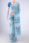 Sky Blue Linen Saree with Kantha Work on the body and Thread Border.  displayed on a mannequin
