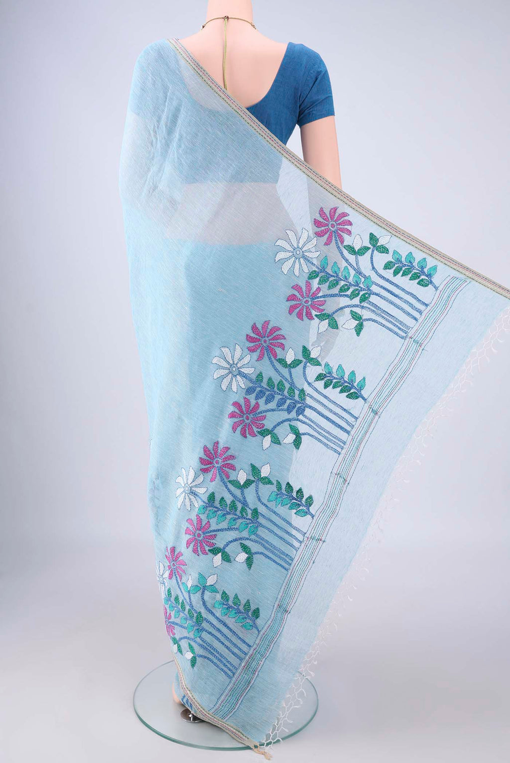 Flat view of Sky Blue Linen Saree with Kantha Work on the body and Thread Border. 