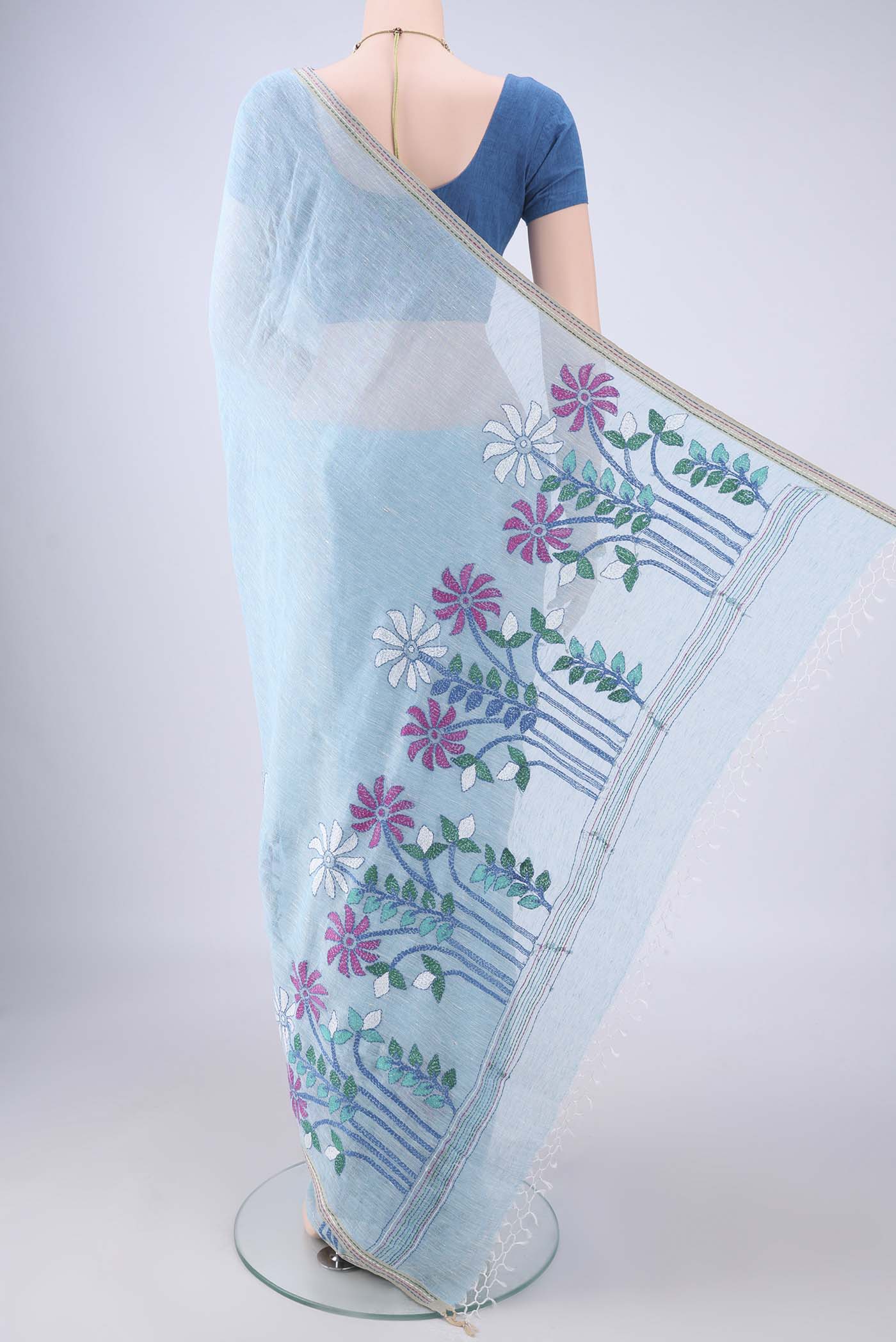 Flat view of Sky Blue Linen Saree with Kantha Work on the body and Thread Border. 