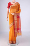 Yellow Maheshwari Silk Cotton Saree with Plain Body and Zari Border.  displayed on a mannequin