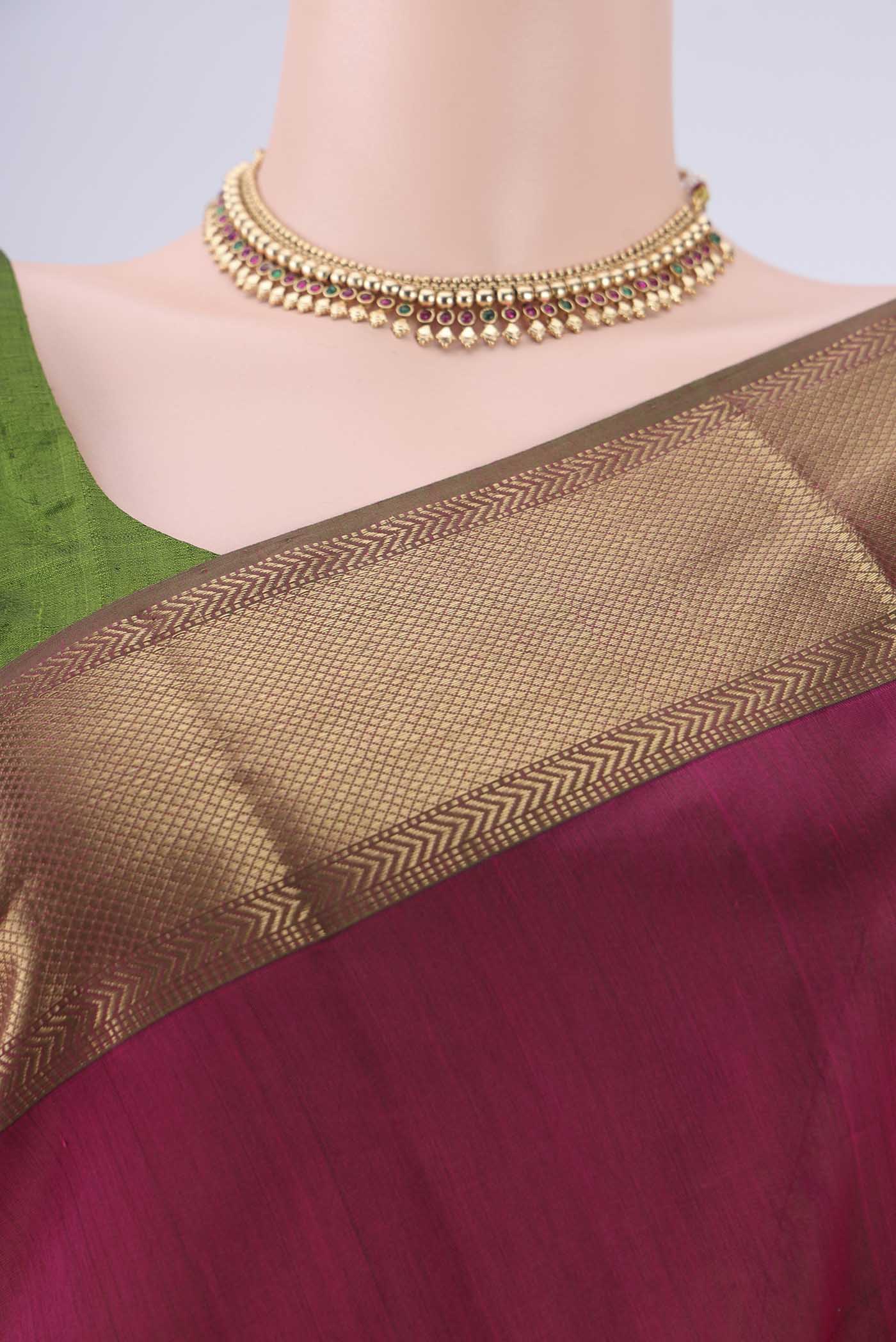 Border image of Magenta Maheshwari Silk Cotton Saree with Plain Body and Zari Border. 