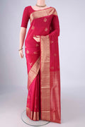 Dark Pink Soft Silk Saree with Zari Butta on the body and Zari Border.  displayed on a mannequin
