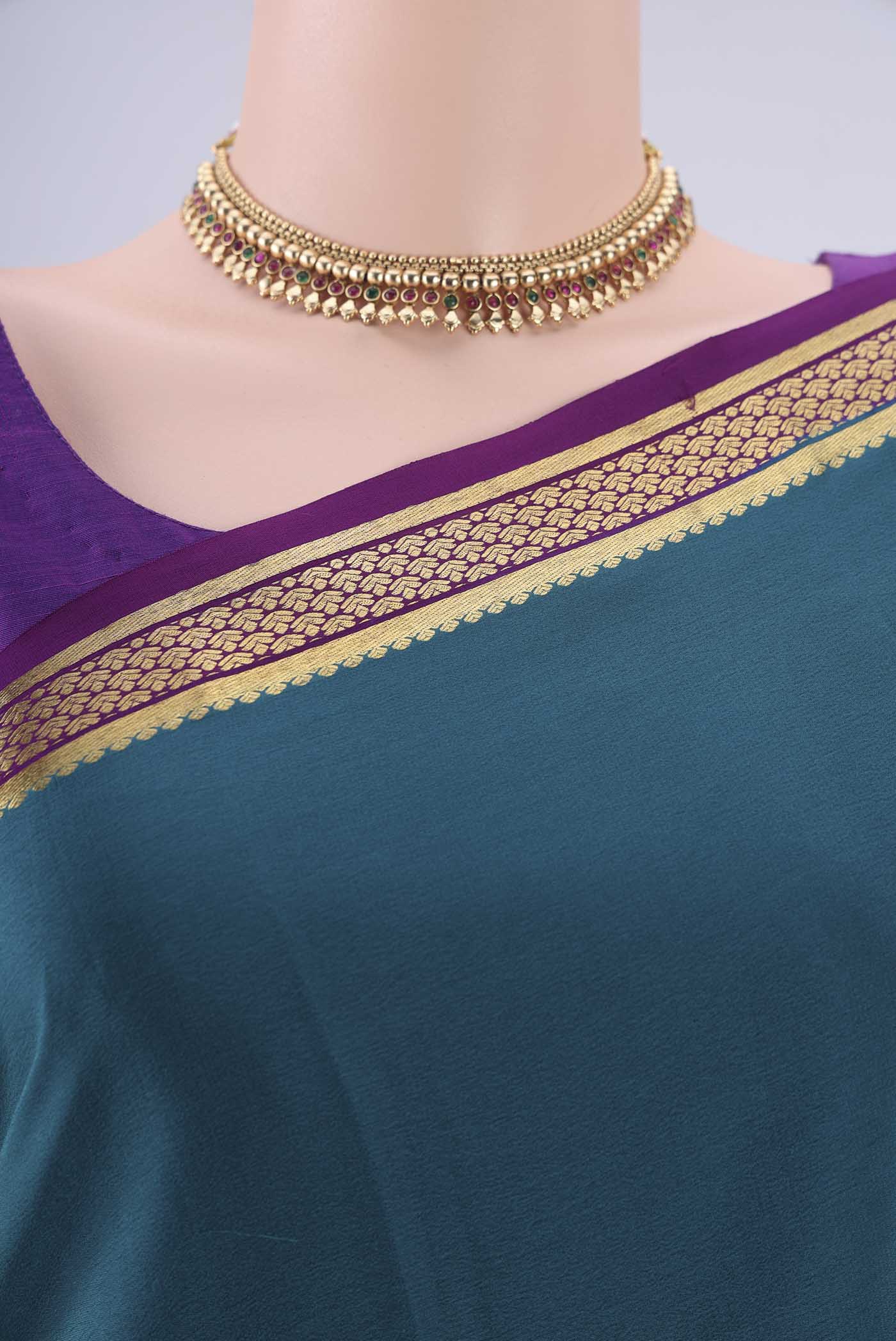 Border image of Teal Mysore Crepe Saree with Plain Body and Zari Border. 