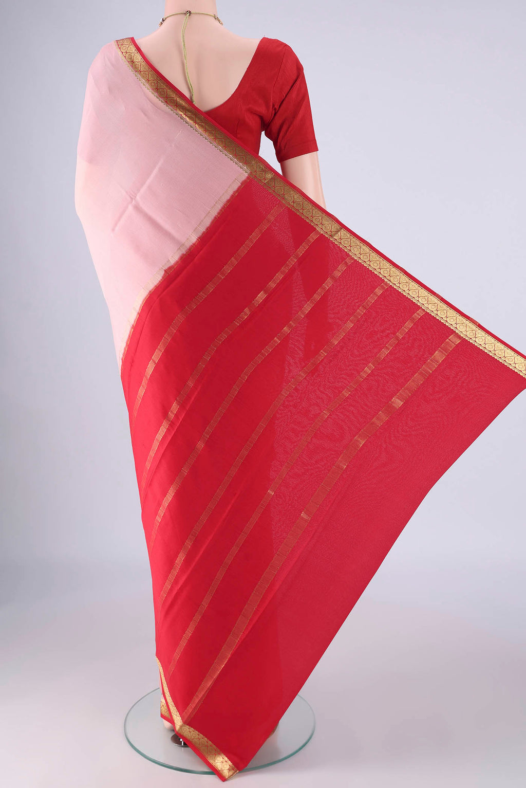 Flat view of Rose pink Mysore Crepe Saree with Plain Body and Zari Border. 
