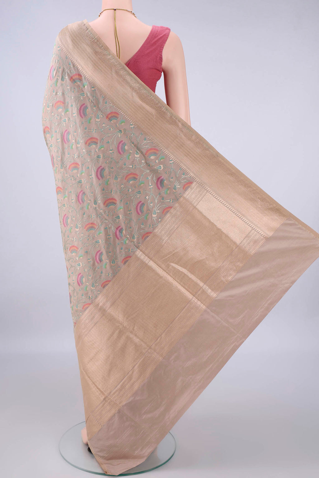 Flat view of Pure Silk Beige Banarasi Saree with Zari And Thread Butta on the body and Zari Border. 