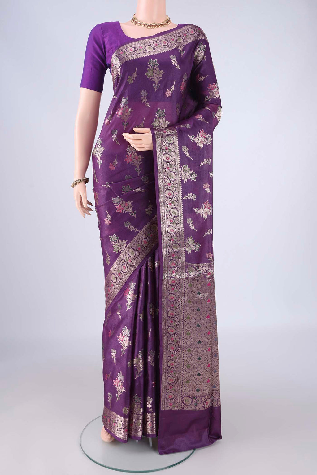 Purple Banarasi Tussar Silk Nine Yards Saree with Zari And Thread Butta on the body and Zari And Thread Border.  displayed on a mannequin