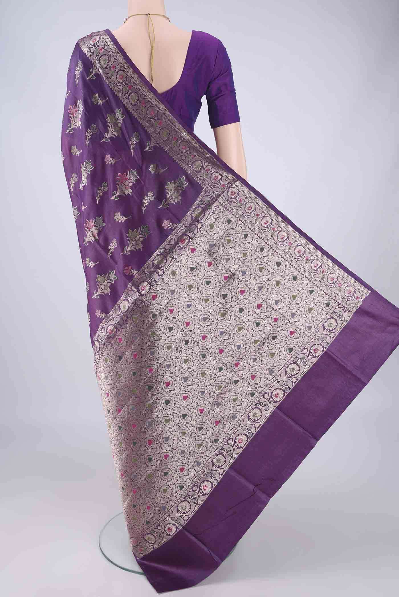 Flat view of Purple Banarasi Tussar Silk Nine Yards Saree with Zari And Thread Butta on the body and Zari And Thread Border. 