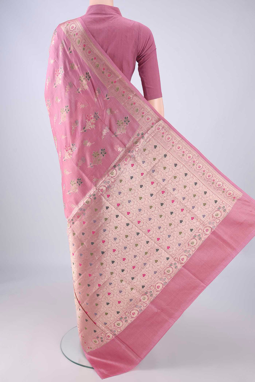 Flat view of Rose pink Banarasi Tussar Silk Saree with Zari And Thread Butta on the body and Zari Border. 