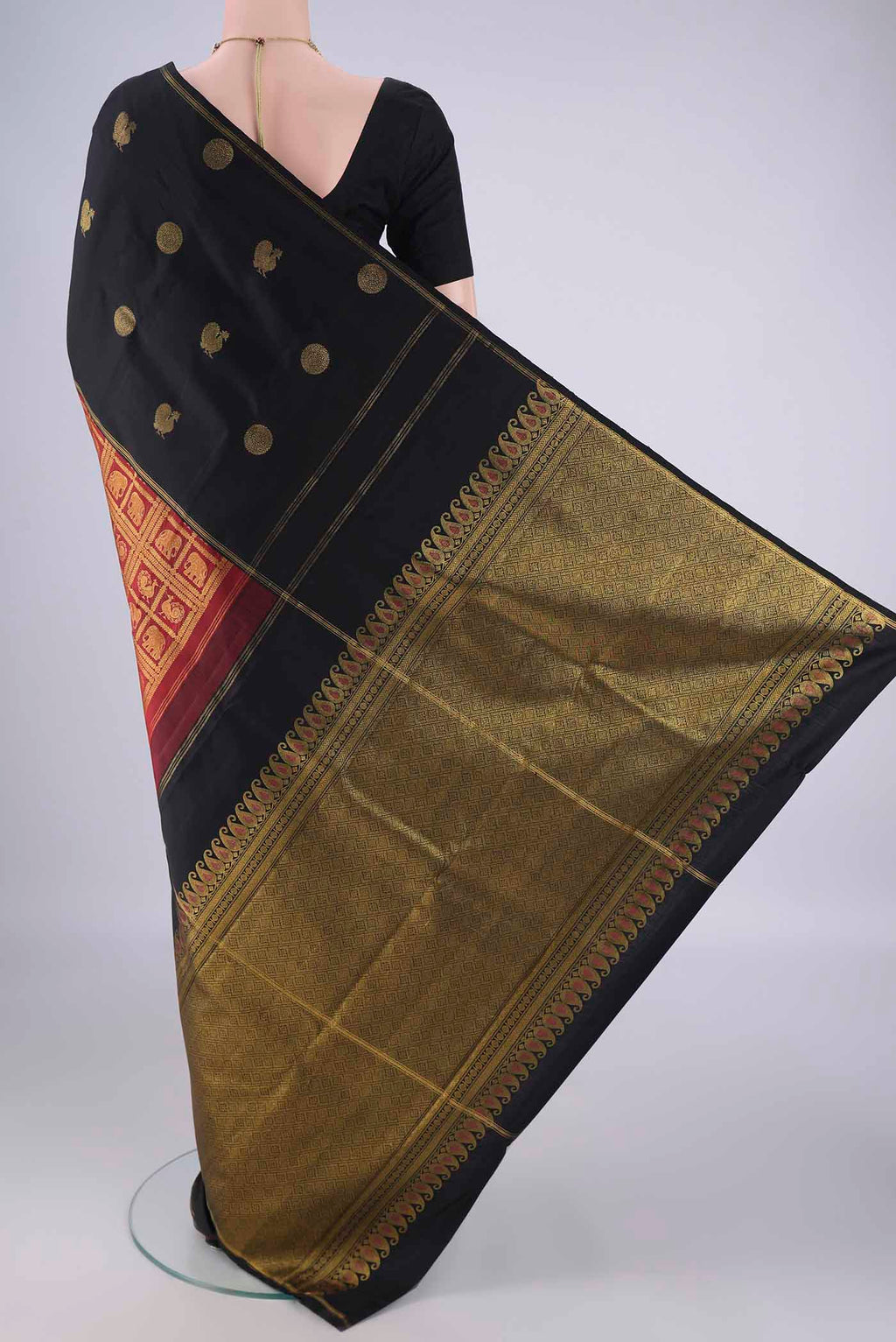 Flat view of Multi Color Kanjivaram Silk Saree with Zari Butta on the body and Zari Border. 