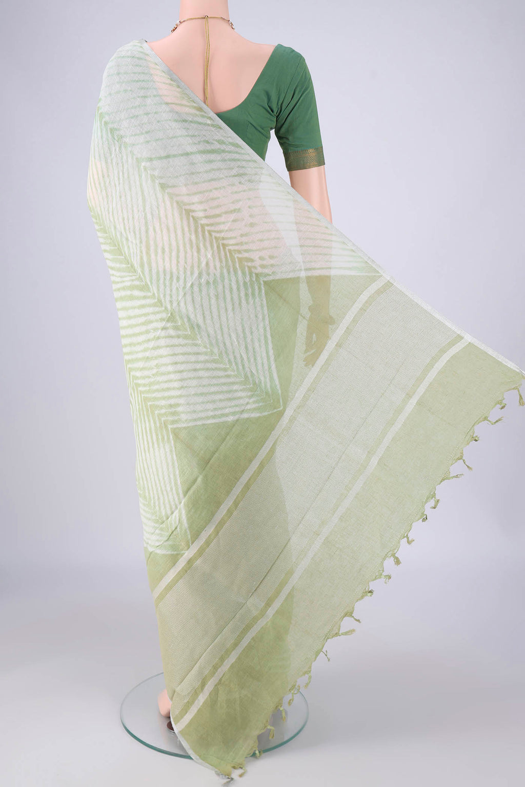 Flat view of Multi Color Linen Saree with Half And Half on the body and Thin Zari Line. 