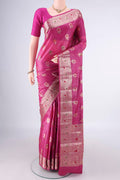 Rani Pink Banarasi Tussar Saree with Zari And Thread Butta on the body and Zari And Thread Border.  displayed on a mannequin