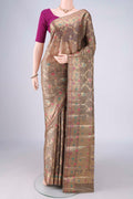 Dark Beige Banarasi Tussar Saree with Zari Brocade on the body and Zari And Thread Border.  displayed on a mannequin