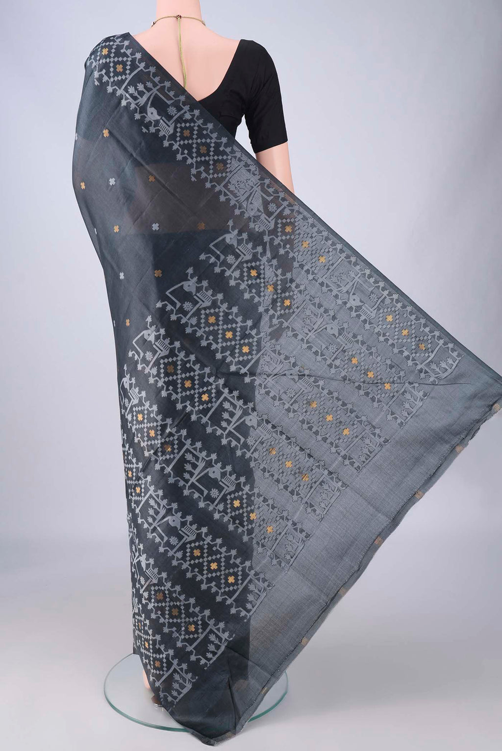 Flat view of Davys Grey Banarasi Tussar Silk Saree with Zari And Thread Butta on the body and Zari And Thread Border. 