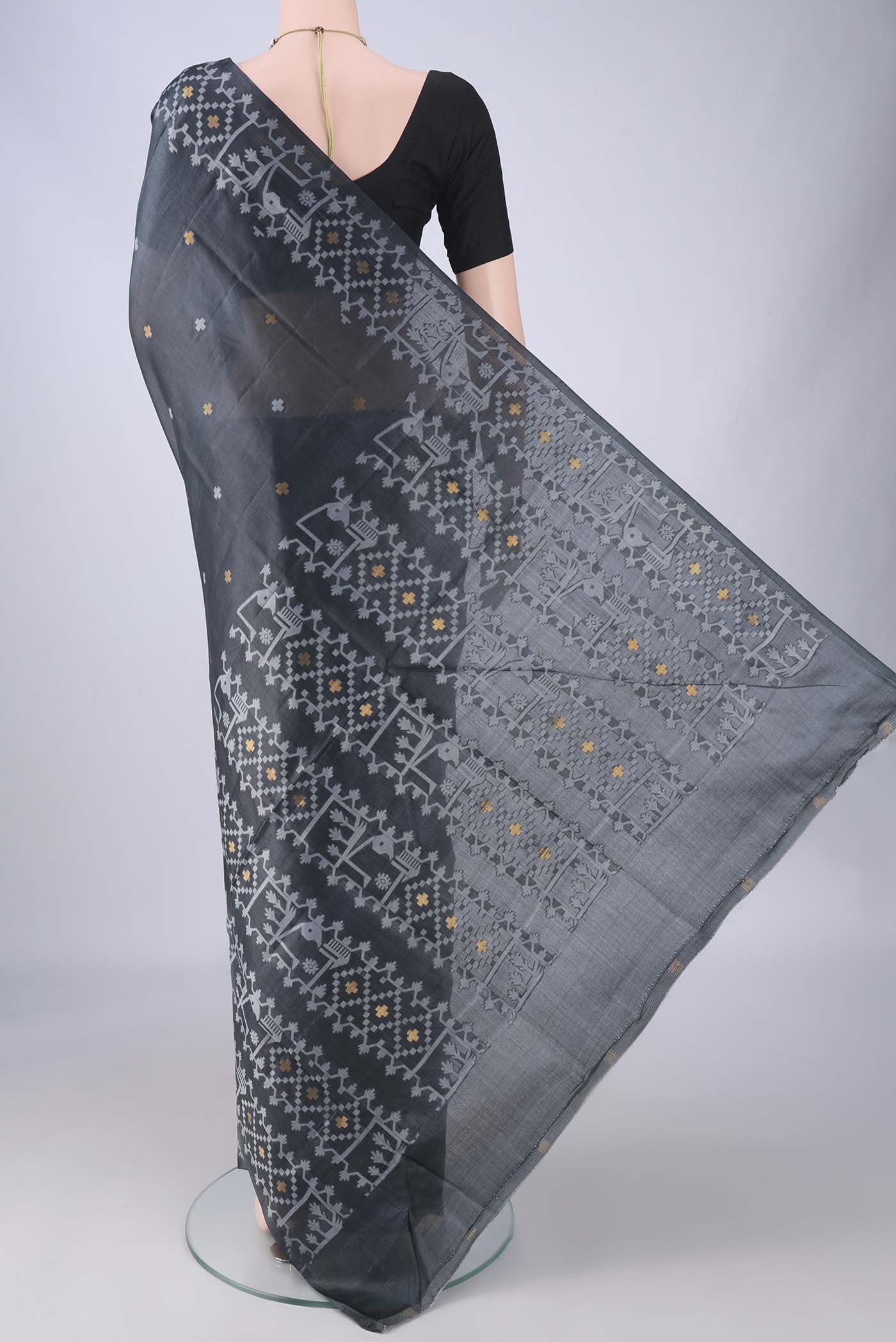 Flat view of Davys Grey Banarasi Tussar Silk Saree with Zari And Thread Butta on the body and Zari And Thread Border. 